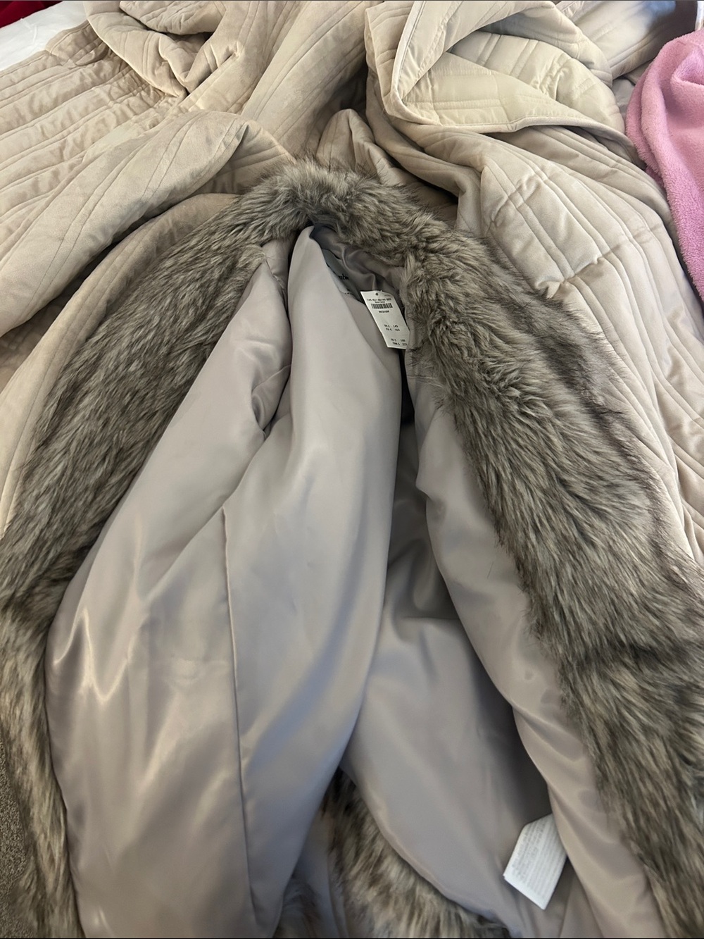 Abercrombie & Fitch Light Gray Faux Fur-Trim Trench Coat
